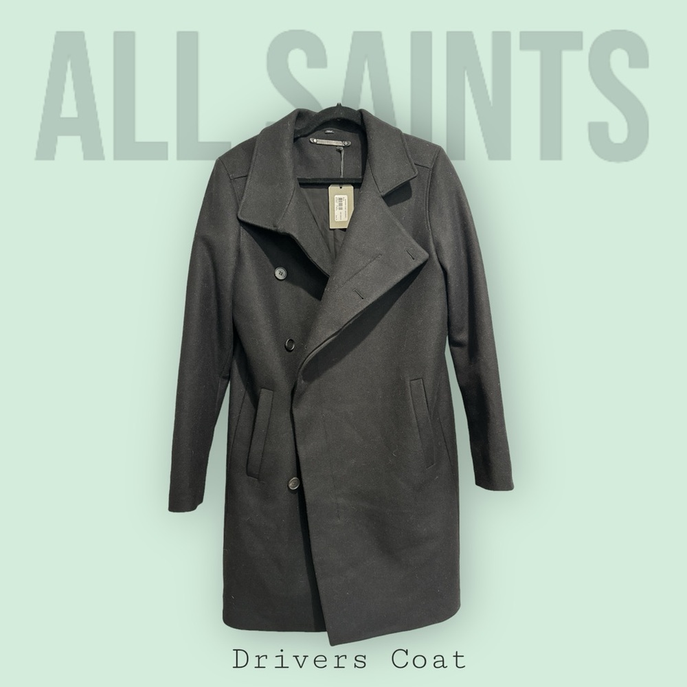 NWT All Saints Black Italian Cloth Wool Driver's Trench Coat Mid Length